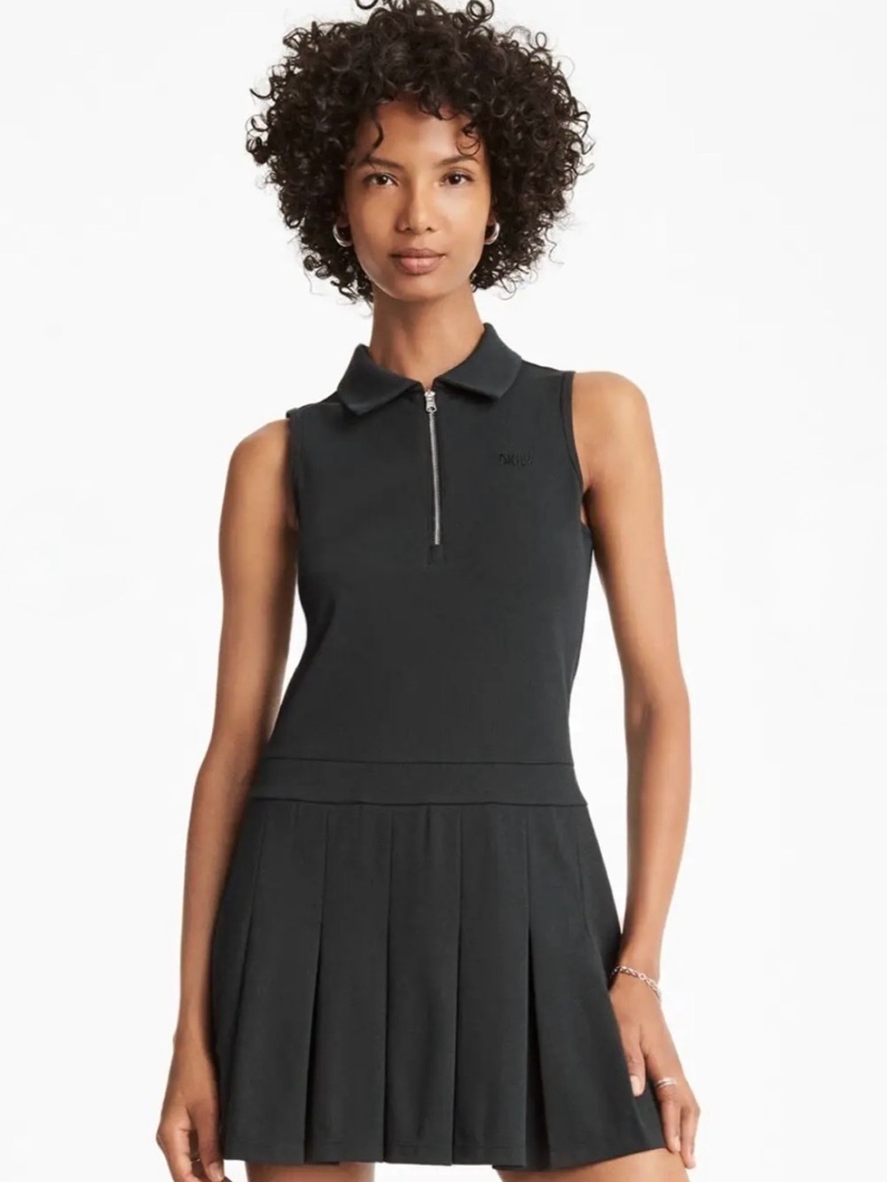DKNY Shirt Collar Sleeveless Pleated Fit & Flare Mini Activewear Dress, black